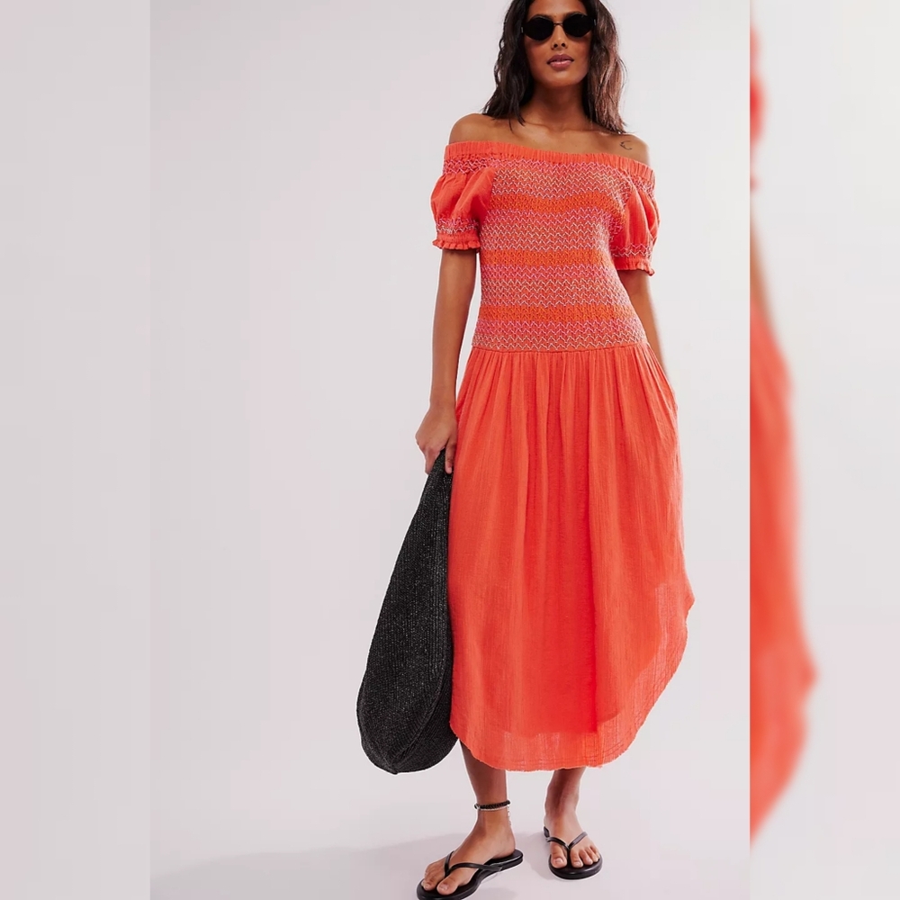 Free People Catch‎ Me Midi Dress in Radiant Watermelon Combo Women's Size XL